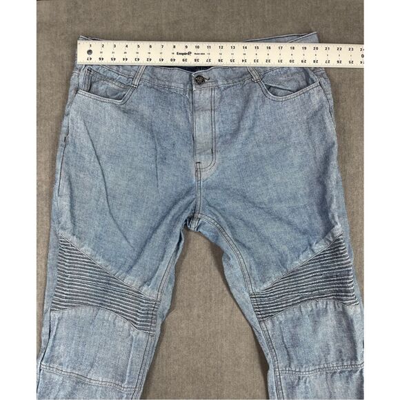 Moto Biker Jeans Mens 44‎ BluebLight Wash Straight Leg Distressed Stitch Detail - Picture 7 of 11